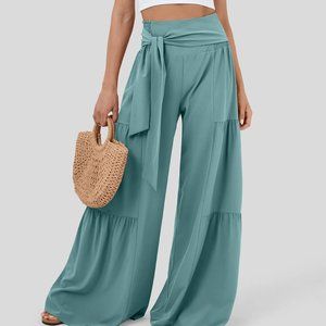 Breezeful™ High Waisted Shirred Tie Front & Back Plicated Wide Leg Flowy